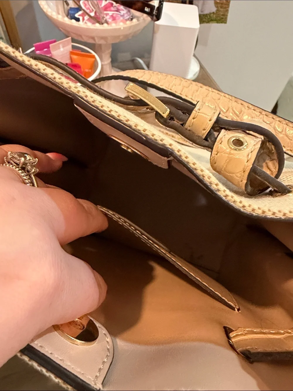 Michael Kors Tan Crossbody Bucket Bag with Croc-Trim